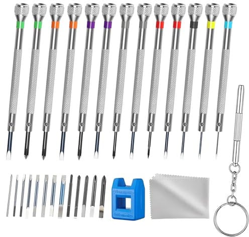 29Pcs Watchmaker's Screwdriver Set, Precision Screwdriver Eyeglass Repair Screwdriver Electronic Repair Tool Kit with Different Size Flathead & Cross Screwdrivers & Replacement Heads + Magnetizer