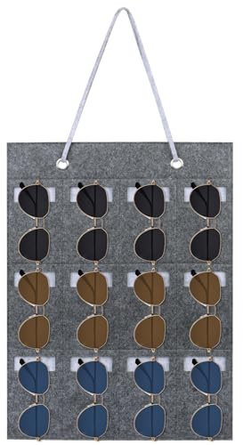 Niuoppy Hanging Sunglasses Organizer, 12 Slots Sunglasses Storage with Felt Pockets, Wall Mount Sunglasses Holder (Grey)