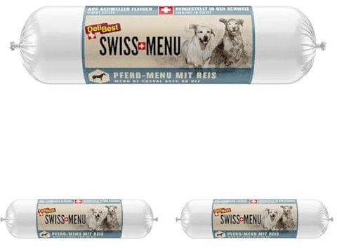 DeliBest Swiss MENU Pferd-Menu mit Reis I Nassfutter für Hunde aus 100% frischem Pferdefleisch I glutenfrei & ohne andere Zusätze I hochwertiges Hundefutter Adult I 400 g Hundewurst (Packung mit 3)