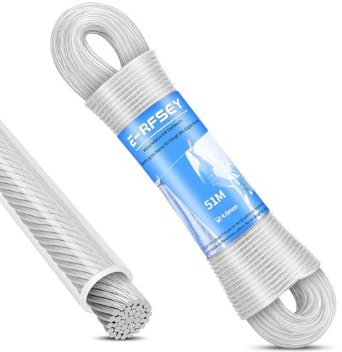 E-RFSEY Corde à Linge d'extérieur 51 m avec Noyau en Acier, Corde à Linge très résistante avec Une capacité de Charge de 220 kg, résistante à la Rouille et à l'eau pour Jardin (4 mm)