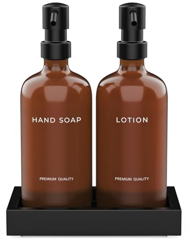 Set di dispenser di sapone da bagno, dispenser per sapone e lozioni per le mani con vassoio, decorazione moderna per il bagno e accessori (ambra)