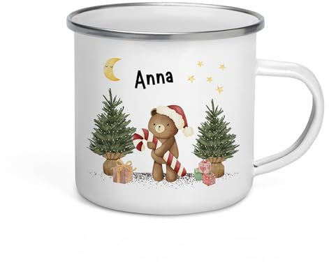 Little Mathilda Personalisierte Weihnachtstasse Kinder Becher mit Namen Weihnachtsgeschenke Emaille Tasse - Weihnachten Deko - Tasse personalisiert für Kinder (Teddy)