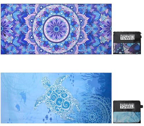 TMEOG Strandtuch Mikrofaser 2er Set 180x80cm Badetuch Strand Badehandtuch Groß Sandfrei Schnelltrocknendes Strandhandtuch Dünn Strandlaken Leicht Beach Towel für Damen Herren(Mandala&Schildkröte)