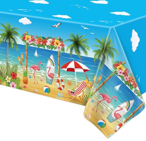 4 Stück Einweg Strand Schwimmbad Tischtuch Hawaii Aloha Party Tischdecke Flamingo Surfbrett Tischdecke Wasserdicht Ozean Tischtuch für Kinder Ozean Geburtstag Dekorationen 130 x 220 cm