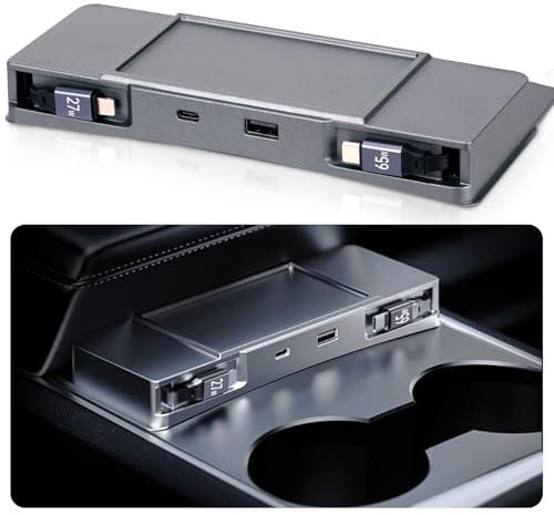 DGXWLLW Retractable Center Console USB Hub for Tesla Model 3 Model Y 2020 2021 2022 2023 2024, Center Console Fast Charger for Model 3/Y Accessories Docking Station with 60W Fast Charging Multi Port