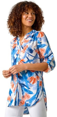 Roman Originals Shirt Top for Women UK Ladies Collarless Blouse Smart Tunic Button Through Longline Asymmetric Hem 3/4 Length Roll Up Sleeves V Neck Going Out - Blue Floral - Size 20