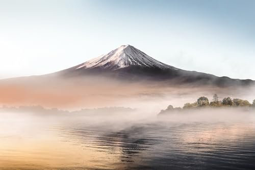 STYLER Glasbild Fuji 80 x 120 cm I Wandbild Bild Glas modern Küche Wohnzimmer Schlafzimmer Badezimmer | Berglandschaft Naturmotiv Mount Fuji See Nebel Sonnenaufgang | hochwertige Glasdeko