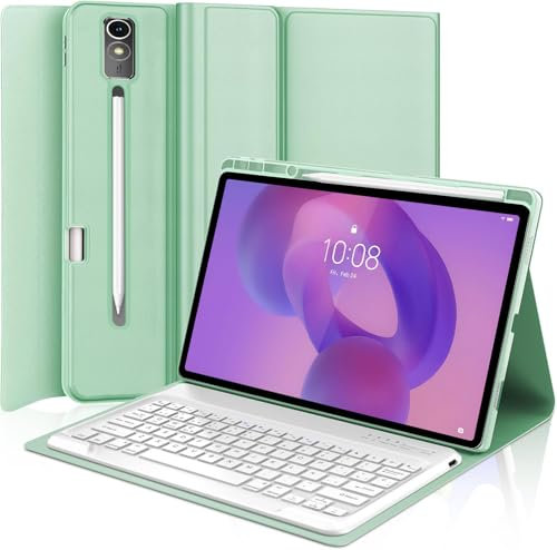 WAVATA Funda Teclado para Lenovo Idea Tab Pro Tablet 12.7'' 2025, Tecla Español Ñ para Idea Pro 12.7'' 2025, Teclado Bluetooth Desmontable- Verde