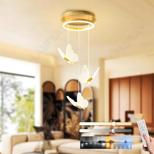 LAMPLAY Moderner Goldener LED-Kronleuchter, Dimmbar, 3 Schmetterlings-Pendelleuchte, 3000K-6000K, Mit Fernbedienung, Höhenverstellbar, Für Flur, Esszimmer, Treppenhaus, Villa, Küche