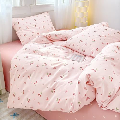 Michorinee Housse de Couette 220x240 Coton avec 2 Taies d'oreiller 65x65 cm Parure de lit Imprimée Cerise et Cœur - 100% Coton Parure Housse Couette Adulte avec Fermetures éclair, Rose