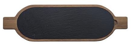 Servierbrett Holz mit Schieferplatte 50x15cm – Käseplatte, Tapas Brett, Schneidebrett, Antipasti Platte – Akazienholz & Schiefer – Schneidebrett rustikal, Frühstücksbrett, Servierplatte