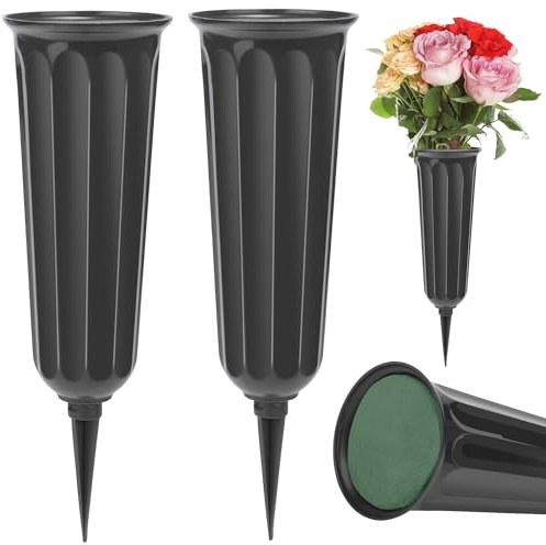 Hahood 2 Stück Grabvase Mit Erdspieß & Blumensteckschaum, Grabvasen Für Grabstätten, Friedhofsvase, Garten- Und Rasendekoration (Schwarz)