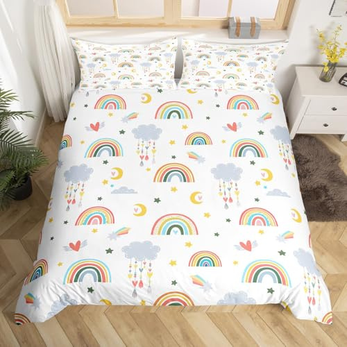 Homewish Bettwäsche 135x200 Bunt Kinder Regenbogen Mädchen Rosa Bettwäsche Set Regenbogen Wolken Sternen Mond Herzen Bettbezug Set für Prinzessin Einzelbettbezug Set und 1 Kopfkissenbezug 80x80 Weich