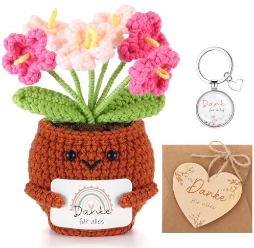Skylety Freundin Geschenk Häkel Blumentopf Puppen mit Schlüsselanhänger Danke für Alles und Dankeskarte Dankeschön Geschenke für Freunde, Lehrer, Kollegen Geburtstag und Weihnachten