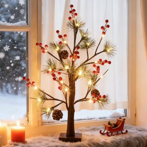 Weihnachtsdeko Lichterbaum,LED Baum Lichter,Glowing Tree with Beeren,Bäumlein Led,Laden + Akku,Künstlicher Baumlichter Klein,LED Kiefer mit Weihnachtsroten Beeren,Lichterbaum Lnnen