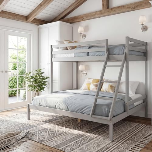 Panana Single Over Double Wooden Bunk Bed Frame, 3FT+4FT6 Triple Sleeper Solid Pine Platform Bed (Grey, Triple1)