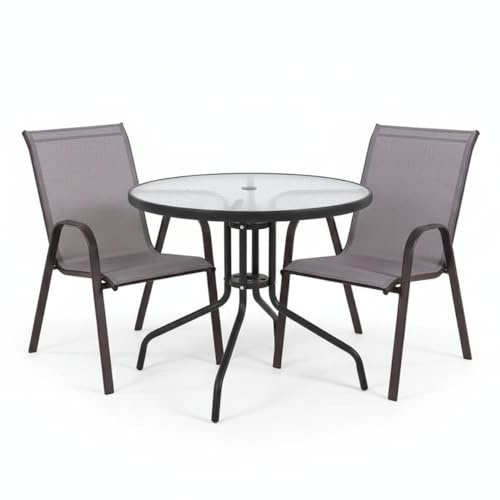 MONTY Conjunto Exterior | Mesa 90 cm de Acero y Cristal Templado + 2 Sillas de Textileno Antracita | Resistente: Pintura anticorrosión, Tela Doble | Transpirables, Apliables | Classic