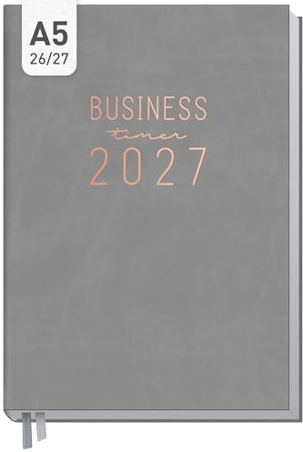 Häfft Business-Timer Terminkalender 2026 2027 A5 Grau-Rosé | 17 Monate Buchkalender von August 26 bis Dez. 27 - Terminplaner, Wochenkalender, Wochenplaner