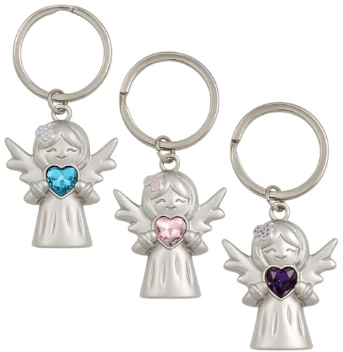 ZYLOUY 3 Stück Schutzengel Schlüsselanhänger mit Herz Design, Glücksbringer Engel, Kleiner Engel Schutzengel Anhänger, Ideal für Tasche Auto Dekoration Geschenke (Blau Rosa Lila)