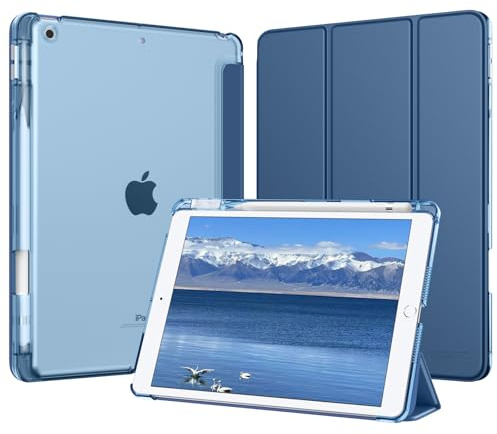 MoKo Coque pour iPad 9e/8e/7e Génération 10,2 Pouces avec Porte-Stylet | Pour iPad 10,2 Coque 2021/2020/2019, Mince Léger Étui à Trois Volets avec Coque PC Arrière Translucide Dure, Bleu MarineFoncé