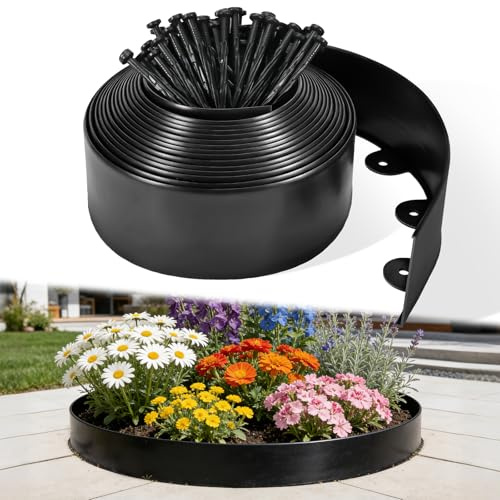 JUOIFIP 33FT/10M Garden Edging Border, 10cm High Flexible Plastic Lawn Edging with 60 Reinforced Plastic Pegs, Black Garden Border Edging for Flower Bed, Grass, Path, Landscape Lawn Edge, Easy Install