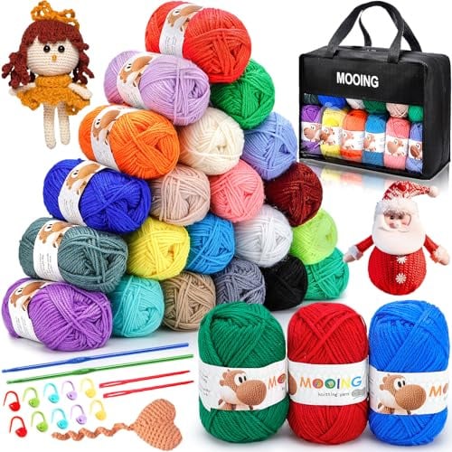 MZJAUVF Acrylwolle Set, 24 Farben Wolle Set, Baumwolle Wolles mit 2 Häkelnadeln, 40g Baumwollgarn, Wolles zum Stricken zur Herstellung von Haustierkleidung, Hüten, Handtüchern, Handschuhen