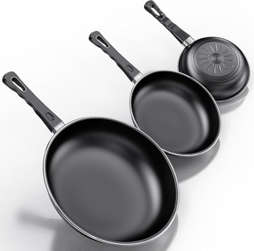 Kiseely Set di padelle antiaderenti, set da 3 padelle da 24, 26e 30 cm, senza PFAS, lavabile in lavastoviglie, adatto a tutti i tipi di piani cottura, compresa l'induzione (EQ1)