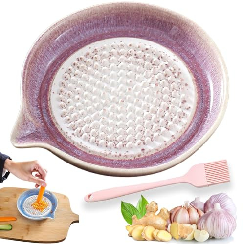 Premium Ceramic Grater Plate, Handcrafted Garlic & Ginger Grinder Dish with Spout, Fine Paste Maker for Fruits Vegetables Chocolate Cheese, Non-Slip Easy-Clean Kitchen Tool (Purple)
