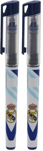 Real Madrid - Bolígrafo Roller con Tinta Líquida, con Tapa, Color Blanco y Azul, Producto Oficial (CyP Brands) (Paquete de 2)