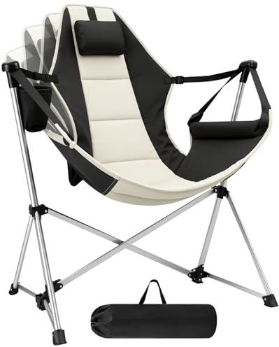 Capsste Rocking Camping Chair, Oversized Hammock Camping Chair Max Adjustable Angle 165°, Portable Swing Chair Outdoor with Headrest & Side Cup Holders, 200Kg Heavy Duty for Beach, Travelling, Lawn