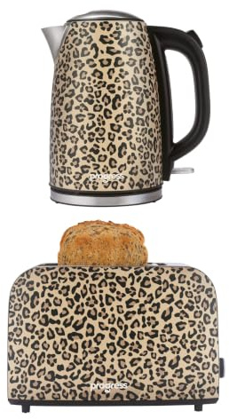 Progress Leopard Print Kettle And Toaster Set, 2-Slice, 1.7 L, Beige