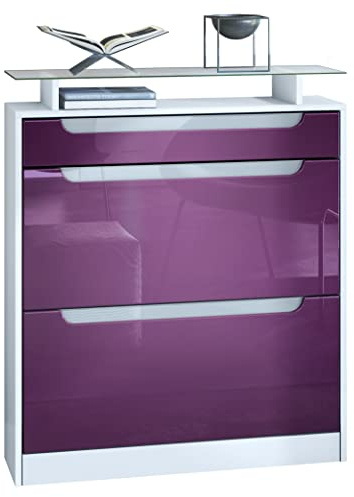 Vladon Schuhschrank Fiesta, Weiß matt/Brombeer Hochglanz/Weiß Hochglanz Schuhkipper für 16 Paar Schuhe mit 2 Klappen (89 x 104 x 23 cm)