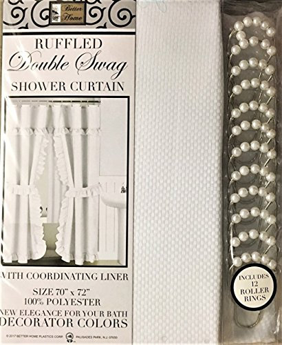 Mosaic Double Swag Fabric Shower Curtain /12 Coordinated Rolling Ring Hooks, 2 Tie Backs (White)