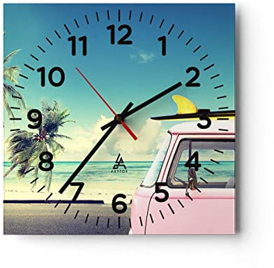 Modern Wanduhr Auto Surfbrett Strand Ozean 30x30cm Quadrat Klein Wand Uhr Glas Analog Zimmeruhren Küche Büro Wohnzimmer Glasuhr Wall Clock Dekoration Design Wanddekoration Küchenuhr C4AC30x30-2835