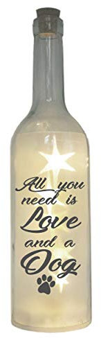 WB wohn trends LED-Flasche mit Motiv, All You Need is Love and a Dog, grau, 29cm, Hund Flaschen-Licht Glitzer-Flasche Leuchtflasche Lampe mit Text Spruch