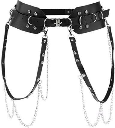Hellery Damen Punk Taillengürtel Nietengürtel mit Kette, Verstellbarer Breiter Bund - Schwarz mit Bein Harness Strumpfbänder, Taille 95–125 cm
