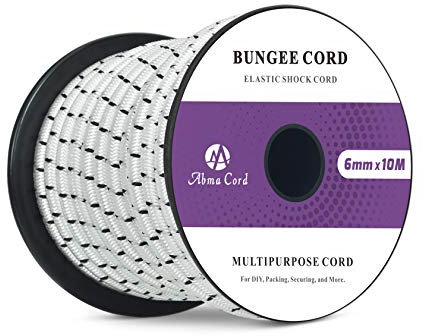 Abma Cord Bungee Cord 6mm 10M Elastic Shock Cord 100% Stretch Elastic Bungee Rope for Tarpaulin, Trailer, Backpack, Tent Pole, Kayak - White&Black