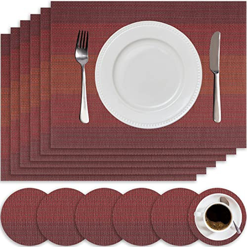 HEYOMART 6er Set Platzsets und Untersetzer, rutschfest Abwaschbar Tischsets, PVC Vinyl Hitzebeständig Platzdeckchen, Ideal für Küche, Party, Hochzeit usw, Rot