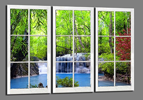 Visario Bild 120x80 cm gerahmt Fenster Blick Wasserfall Bilder auf Leinwand Markenware Kunstdrucke 4404