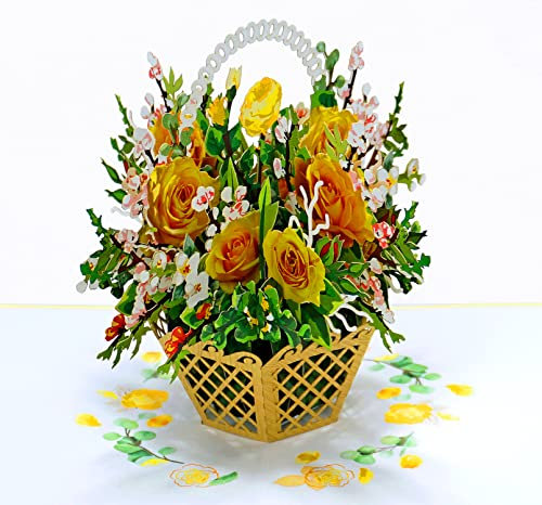 CUTPOPUP Yellow Rose - Pop-Up-Karte mit gelbem Rosenkorb, Pop-Up-Blumenkarten, handgefertigte Blumen-Grußkarten, 3D-Geburtstagskarte, Muttertagskarte, Pop-Up, Thinking of You, Dankeskarte DE