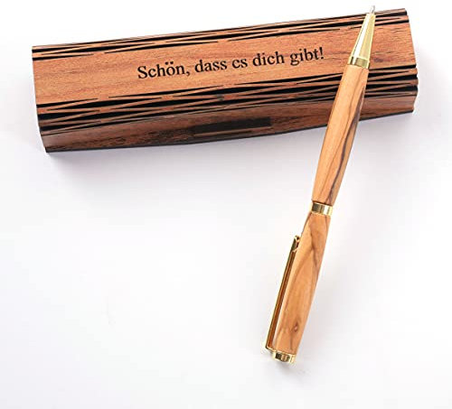 Kassis Geschenkartikel Olivenholz Kugelschreiber - Handgemacht mit schöner Maserung in eleganter Holzschachtel - Kugelschreiber + Spruch (Schön, dass es dich gibt)