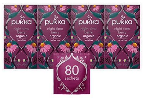 Pukka Herbs | Night Time Berry Organic Herbal Sleep Tea Box | Chamomile, Lavender & Elderberry Tea | Ideal For Bedtime Relaxation | Caffeine Free | 4 Packs | 80 Plant Based Biodegradable Tea Bags