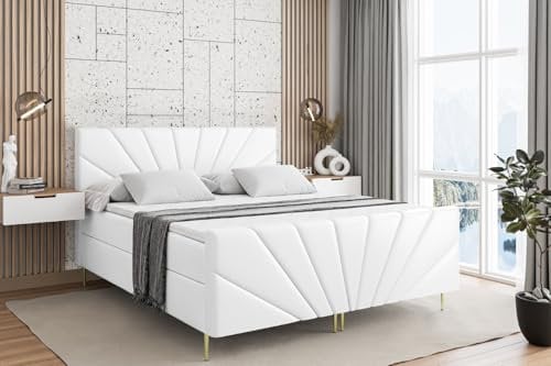 ALTDECOR Boxspringbett mit Gold Füßen, Matratze und Lattenrost, Topper, Fußteil, Polsterbett mit Bettkasten, Bett mit Stauraum H3-Matratze, Doppelbett - MILTIO-FZ-Z - 180x200 - Weiß Kunstleder