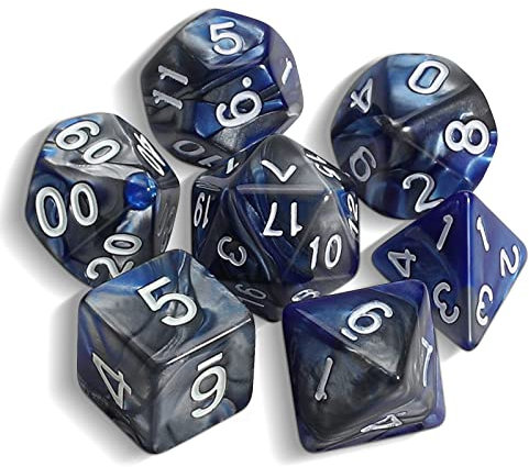 QMAY DND Dice Polyedrisches Würfel Set - 7 Stück für Dungeon und Dragons MTG RPG D&D D20, D12, D10, D%, D8, D6, D4 (dunkelblau und Silber)