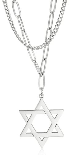 TEAMER Davidstern Anhänger Halskette Jüdisches Magen Amulett Edelstahl Halsketten Vintage Schmuck (Stil 1-Doppelkette-Silber)