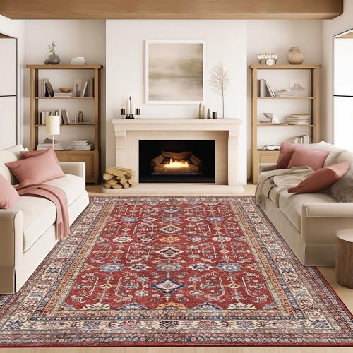 Rugland Teppich, 15,2 x 22,9 cm, schmutzabweisend, waschbar, rutschfeste Unterseite, für Wohnzimmer, Vintage-Stil, Tribal (TPR10-Burgunderrot, 1,8 x 22,9 cm)