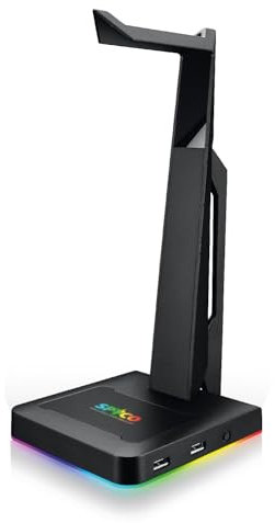 SPYCO - Supporto Cuffie Gaming Keeper HS-131, LED RGB 6 Modalità, 2 Porte USB 2.0, Universale per Cuffie, Base Antiscivolo, Plug-and-Play, Compatibile Notebook e Desktop, Nero, 250 mm, Gomma