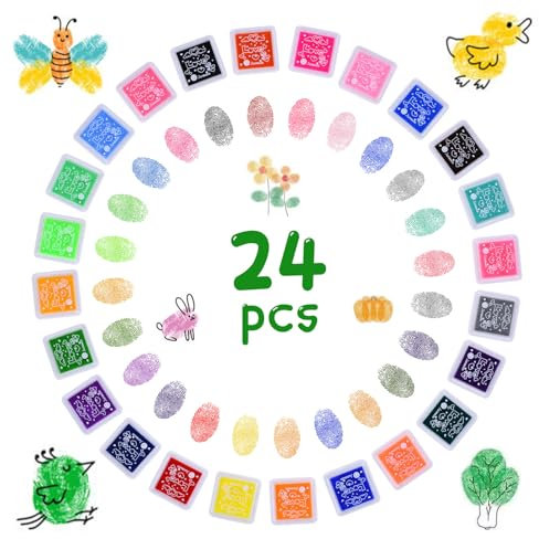 Vicloon Stempelkissen Set, 24 Farben Abwaschbar Fingerstempel, Ungiftig Abwaschbar Stamp Pad, Stempelkissen Bunt für für Papier Handwerk Stoff, Scrapbook, Kinder Geburtstags