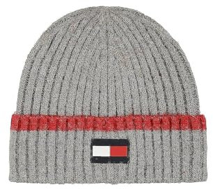 Tommy Hilfiger Herren Rubber Flag Patch Tipped Rib Cuff Hat Beanie-Mütze, Meliert, Grau, Einheitsgröße