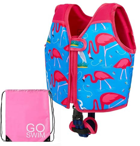 Go Swim Giubbotto Galleggiante - Include borsa da nuoto gratuita Giubbotto da nuoto per bambini con galleggiabilità fissa e cinturino di sicurezza (Fab Flamingos, S (15-19kgs))